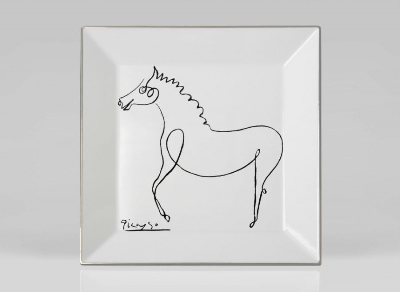 Assiette cheval picasso carrée luxe noir et blanc dessin porcelaine paris parisien